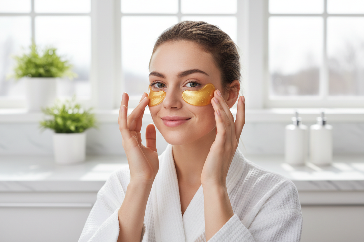 一个年轻漂亮的女性在家中使用黄金眼贴，有效的减少眼睛的皱纹和黑眼圈。非常满意这个的使用效果。