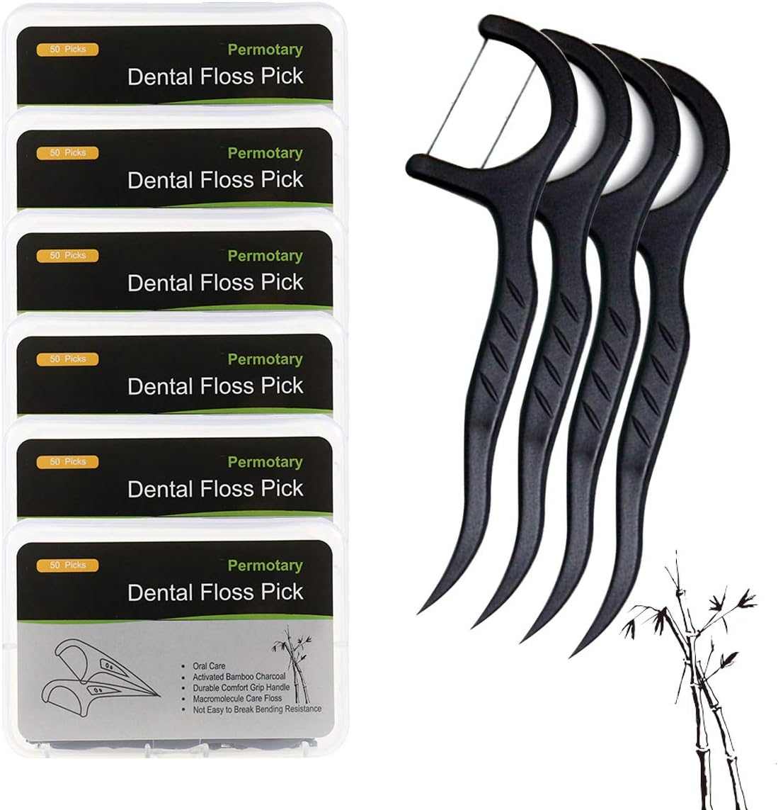 Permotary 6 Packs Bamboo Charcoal Dental Floss Picks Ultra-fine Smoother Portable Household Oral Care Floss Picks for Cleaner Healthier Mouth with Travel Handy Cases 300 Count Flossers