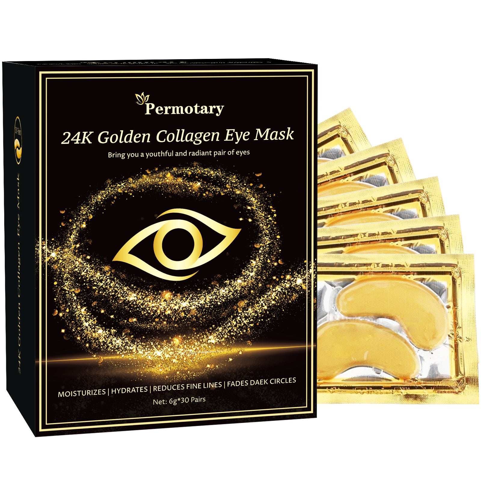 Permotary 30 Pairs Crystal Collagen Under Eye Mask, Gold Gel Collagen Eye Pad For Moisturizing, Reducing Dark Circles & Puffy Eyes