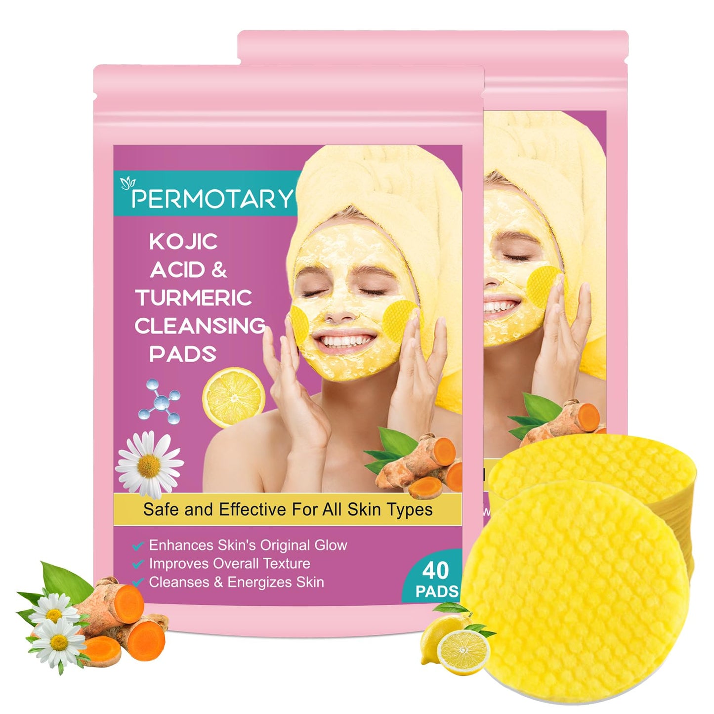 Permotary 80 PCS Kojic Acid and Turmeric Cleansing Pads with Vitamin C, E, Turmeric Cleansing Sheet Balance Skin Oil Face Pads for Dark Spots, and Firming Skin, Remove Excess Keratin from Body Skin