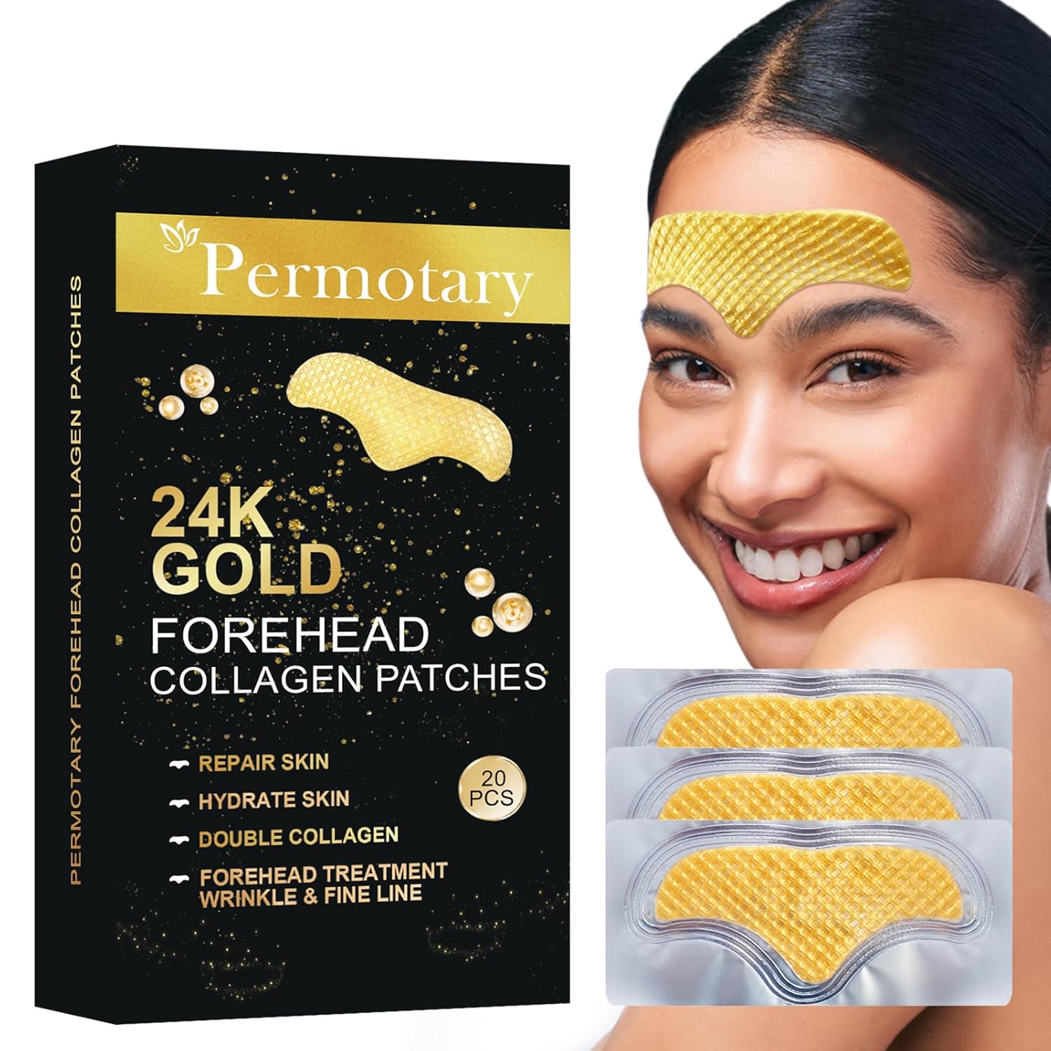 Permotary 20 Pcs Gold Forehead Wrinkle Patches Collagen Forehead Lines Mask Frown Wrinkles Pads with Collagen Boosting Elasticity for Women