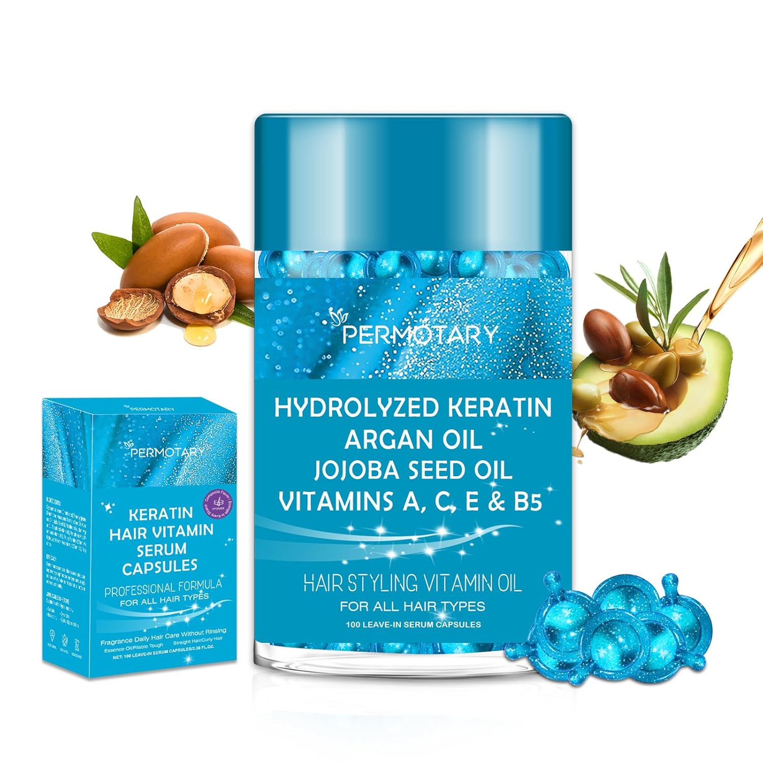 Organic hair oil capsules, 100PCS hair treatment serum for Frizzy, Dry & Damaged Hair, Moisturizing hair oil with Moroccan, Macadamia & Avocado Oils, Vitamins A, B5, C, E - Long-Lasting Shine