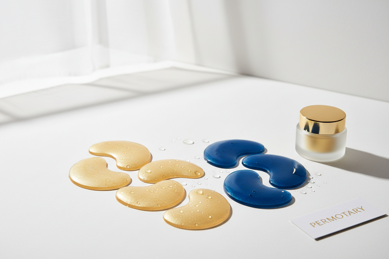 生成关于品牌Permotary的图，风格简约大方，产品是黄金眼贴和蓝色眼贴